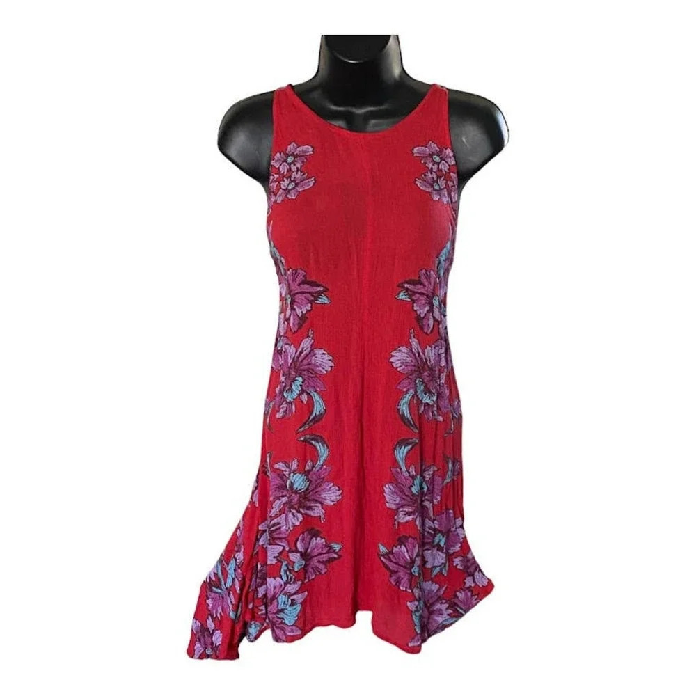 Free People Sleeveless High Neck Size XS Floral Mini Red 100% Viscose Relaxed